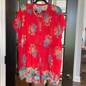 Johnny Was Red Button up Floral Short Sleeve Blouse 1X